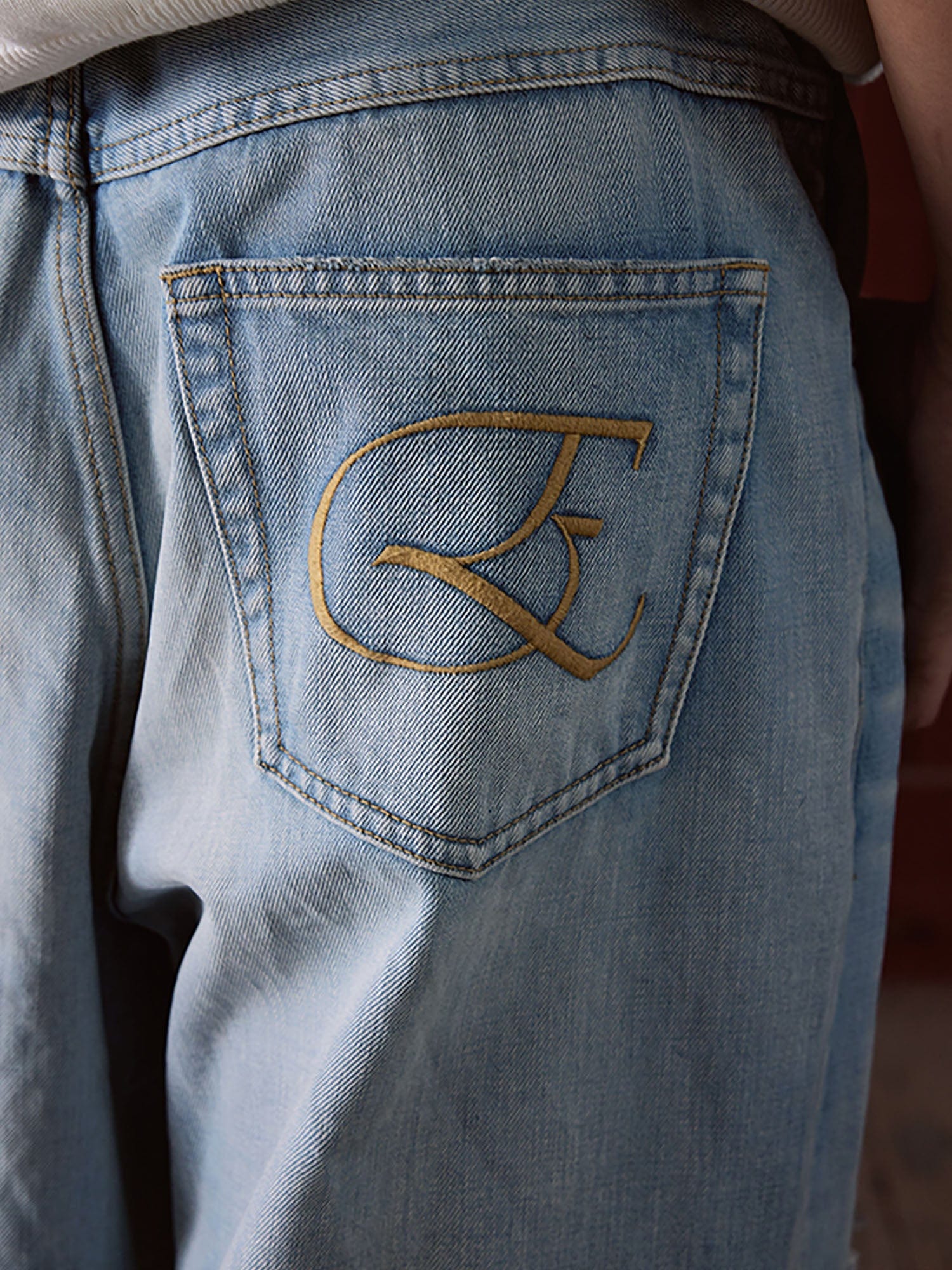 IN EXISTENCE Distressed Patchwork Creased Washed Wide-Leg Jeans