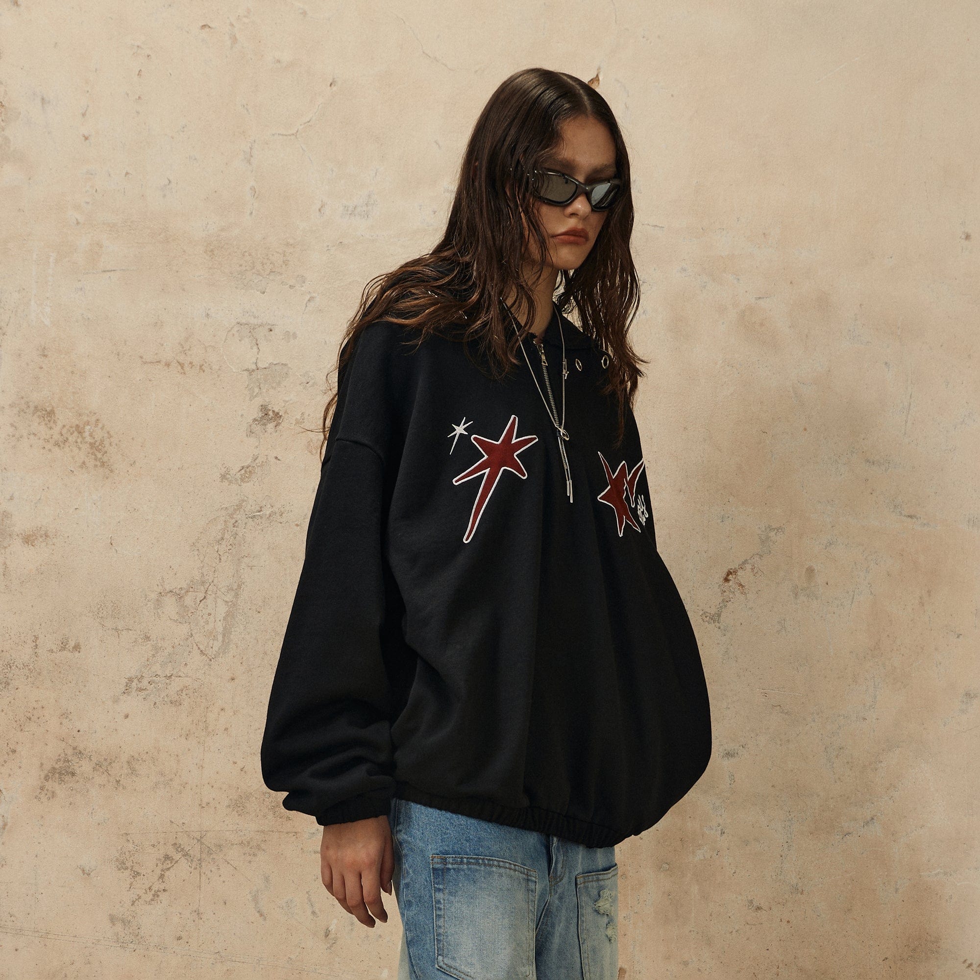 OVDY Star Embroidery Punk Zip-Up Hoodie
