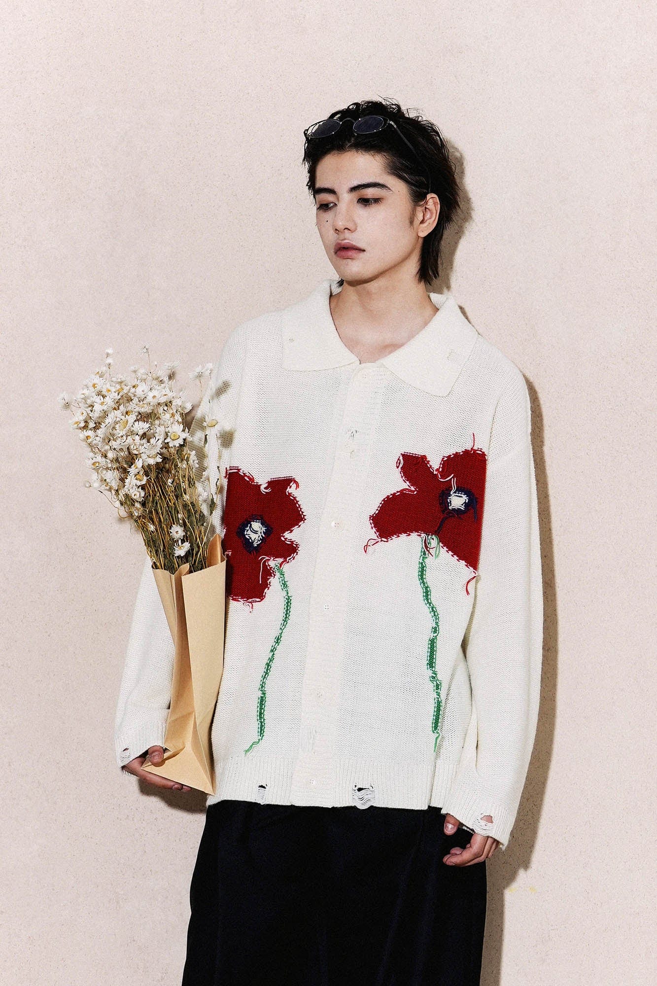 OIPWORD Spring Flower Distressed Cardigan