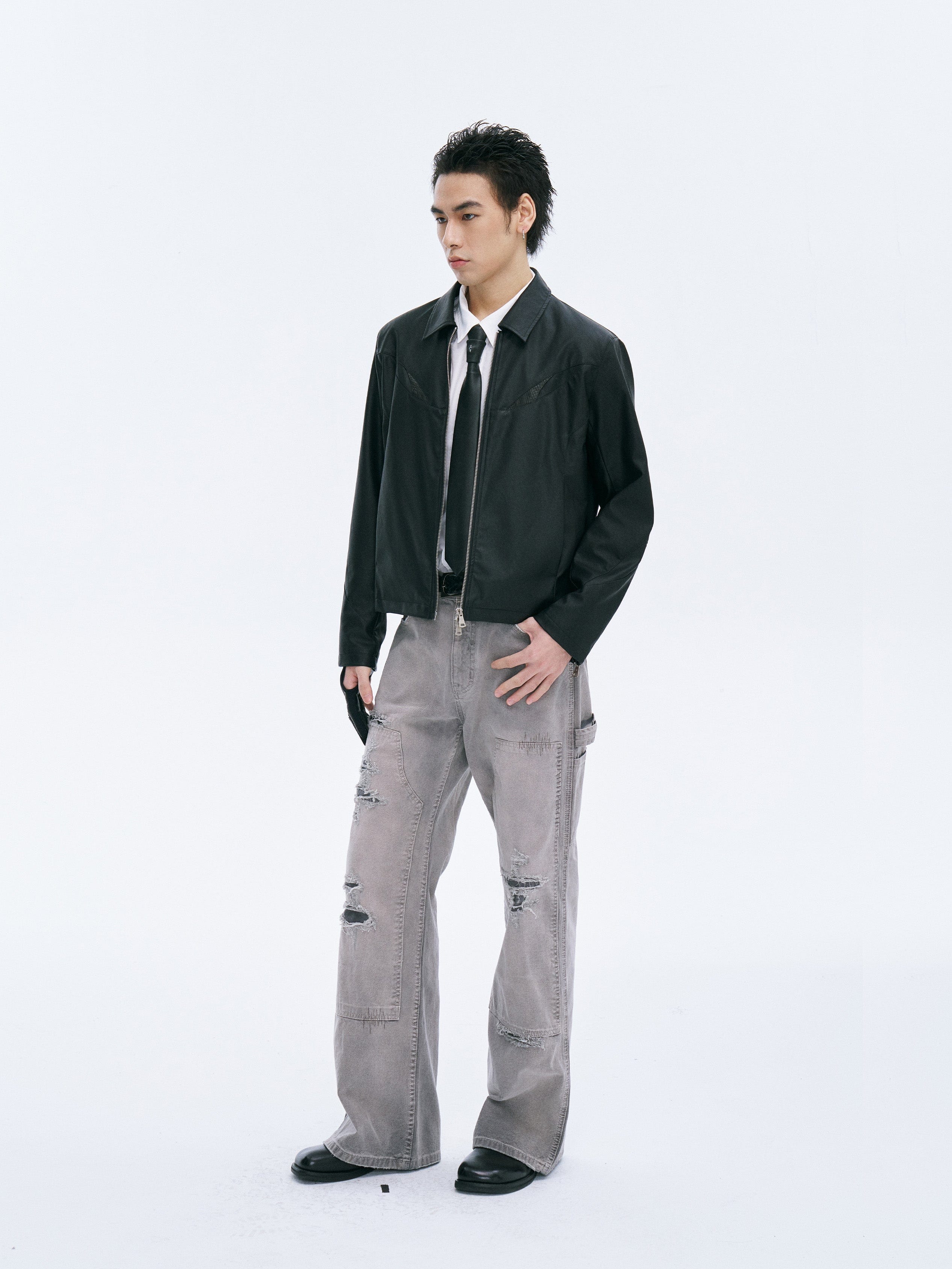 CATSSTAC Distressed Double-Knee Carpenter Straight-Leg Jeans Gray