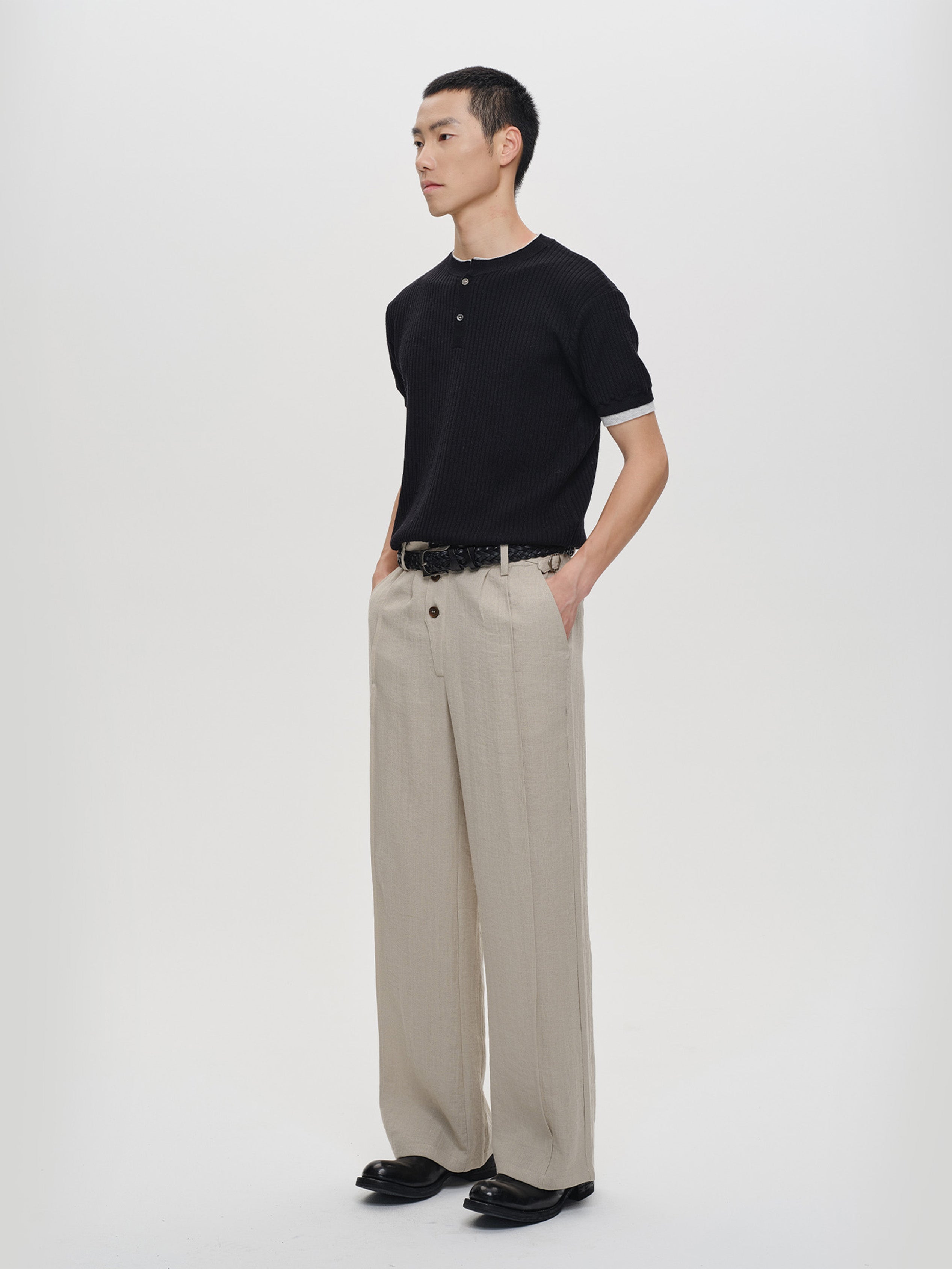 CATSSTAC Linen-Tencel Pleated Straight-Leg Trousers