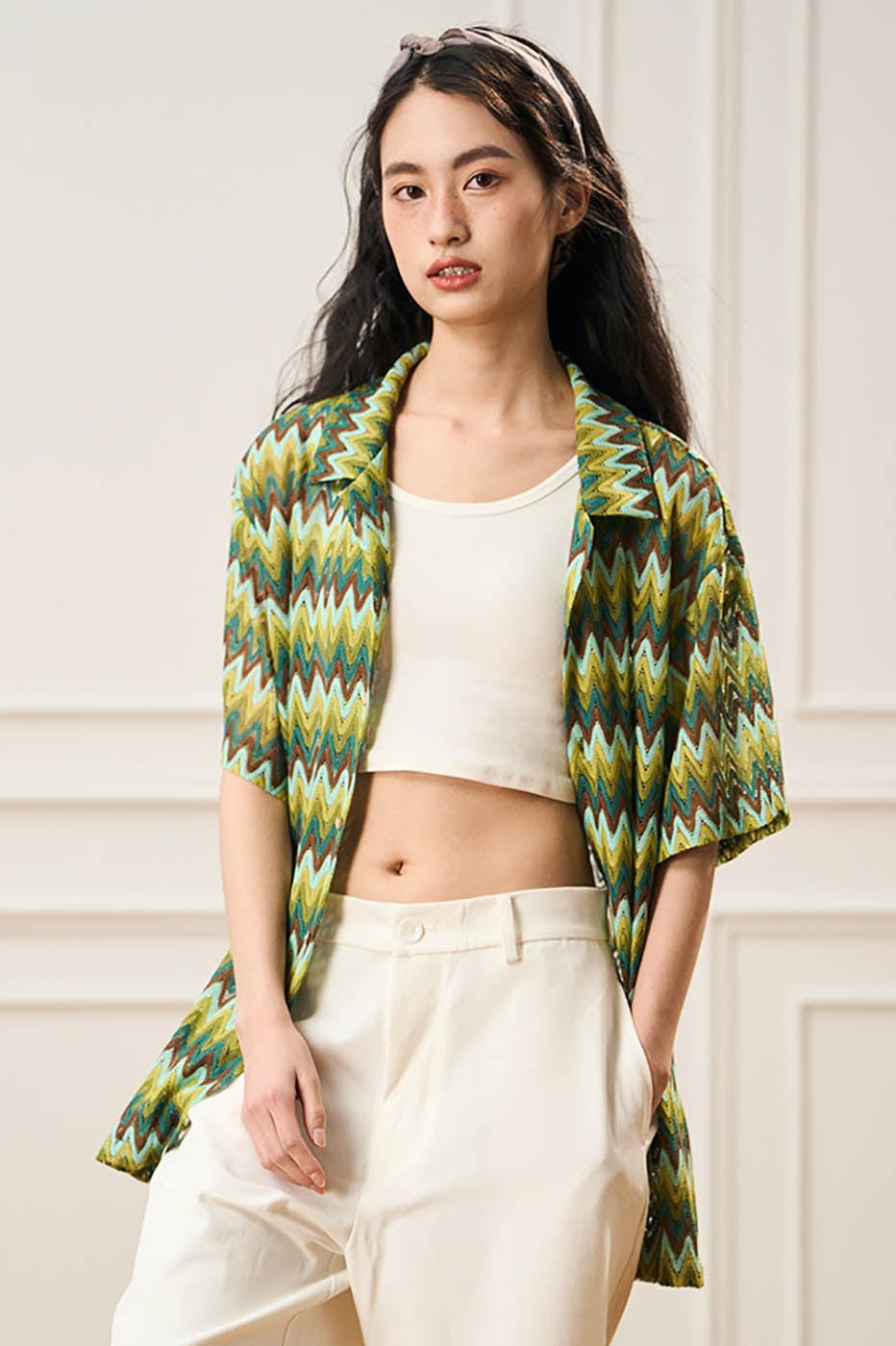 EPIC POETRY Geometric Ripple Knitted Half Shirt Watermelon
