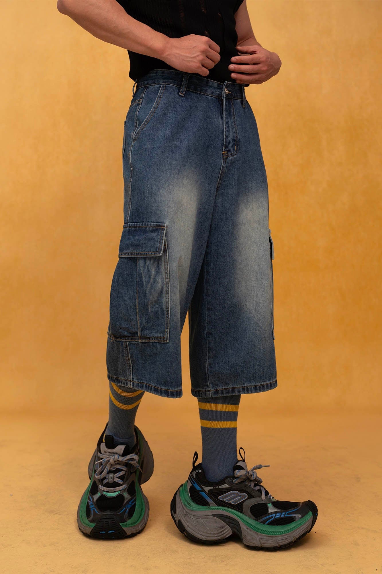 CLP Retro Multi-Pocket Knee-Length Denim Shorts