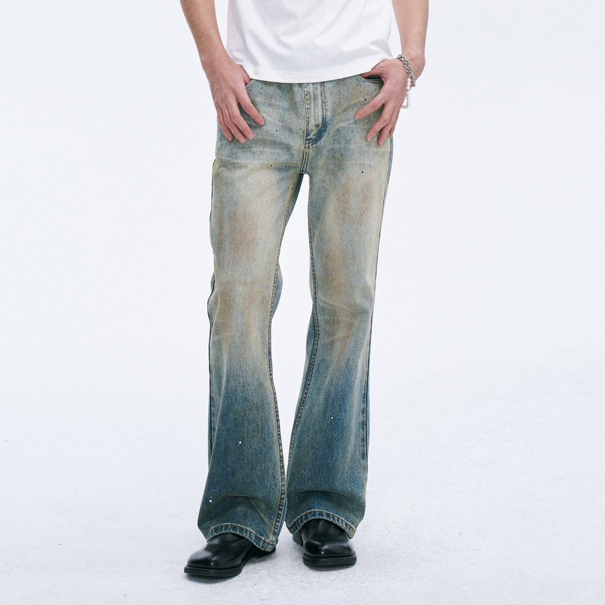 CATSSTAC Washed Sunfade Paint-Splatter Wide-Leg Jeans