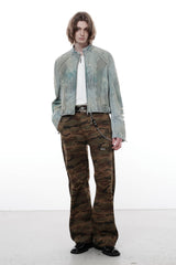 FACEONLAB Distressed Tie-Dye Ripped Biker Denim Jacket Blue