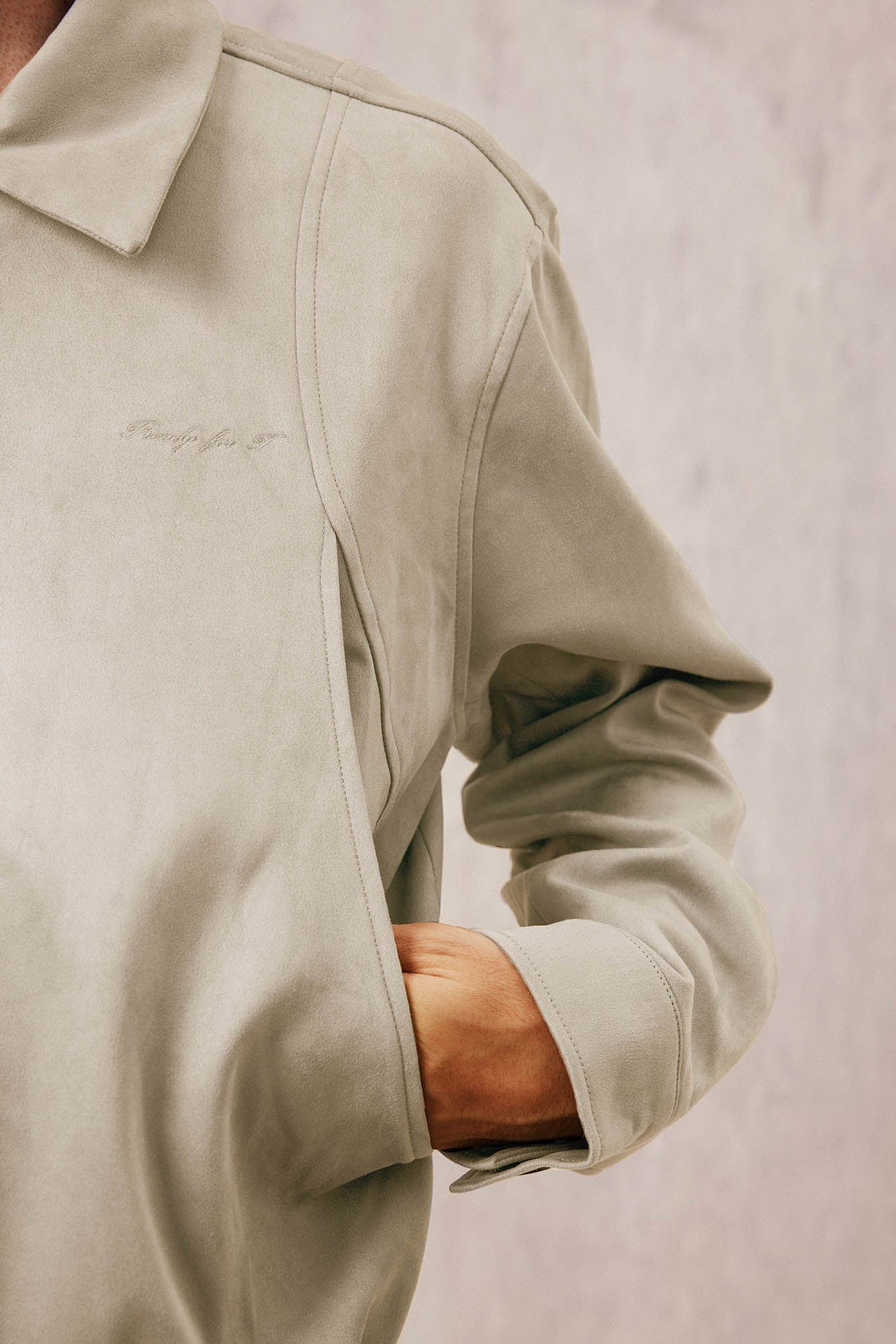 IN EXISTENCE Curved Spliced Smooth Harrington Jacket