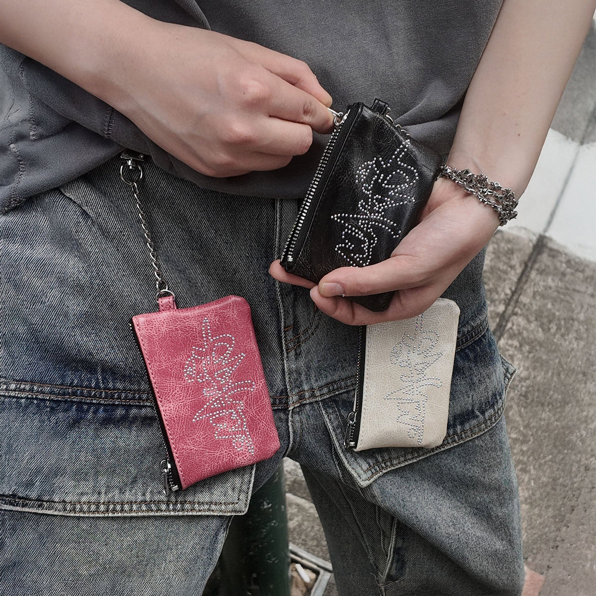 MAKEMORE Cracked Faux Leather Studded Mini Pouch