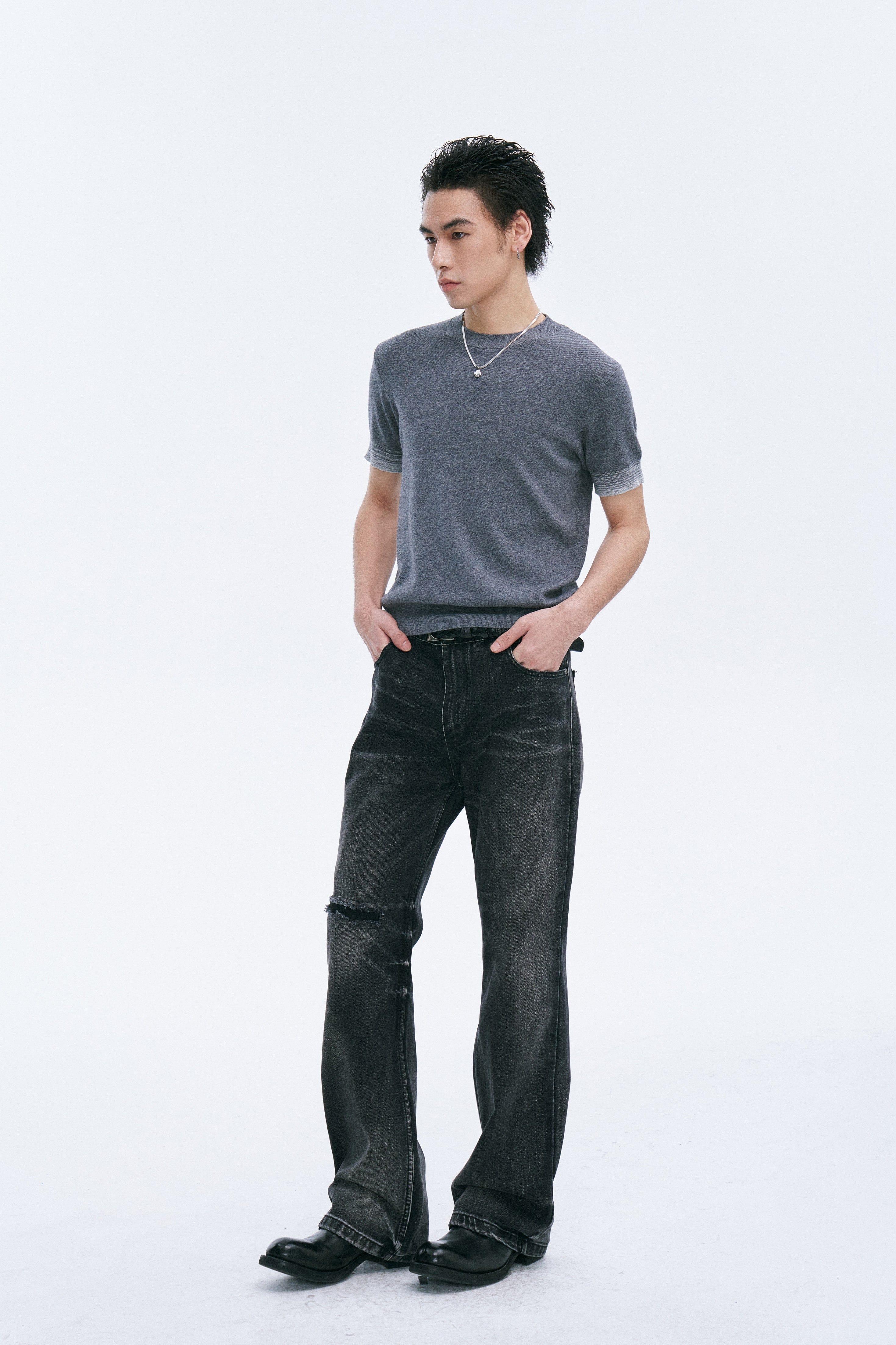 CATSSTAC Whisker Washed Frayed Straight-Leg Jeans
