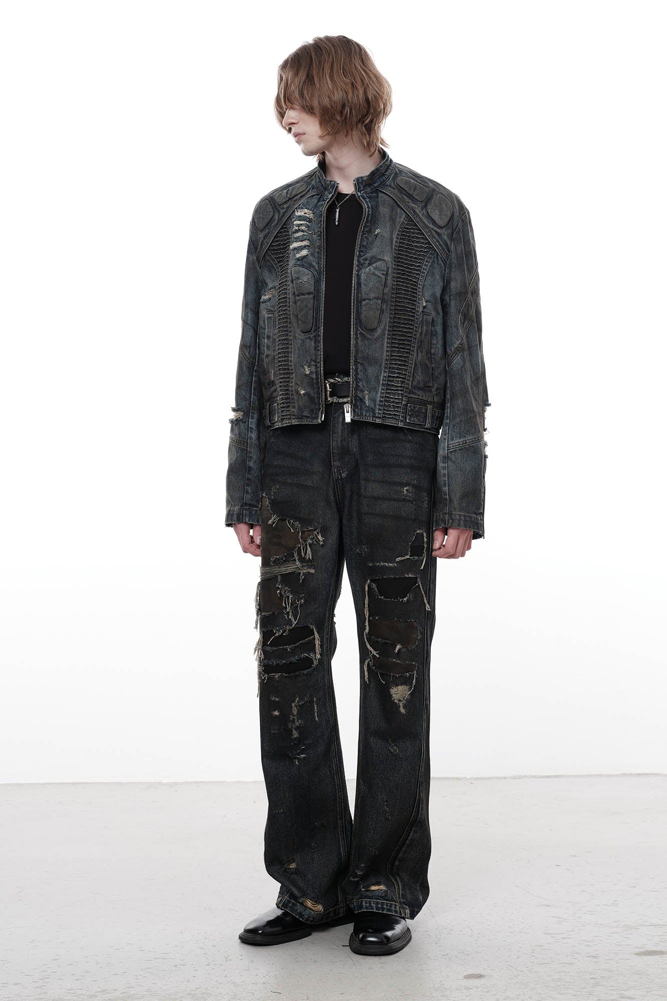 FACEONLAB Distressed Heavy Ripped Flared Jeans