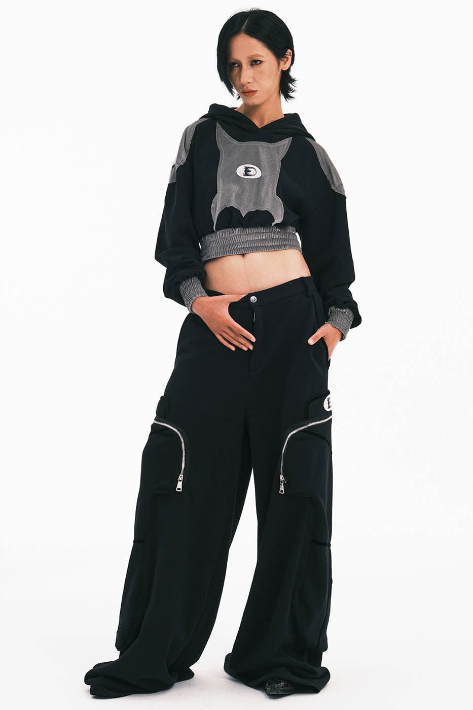 EMBRYO Bat Patchwork Cropped Hoodie
