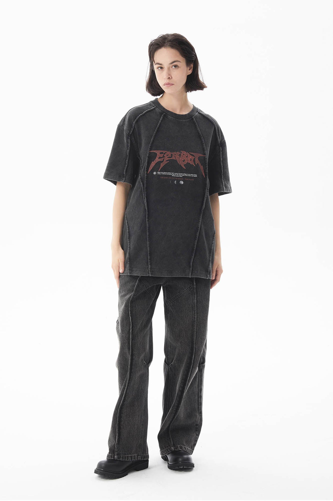 ERROR CODE ROBOT Mountain Moon Graphic Washed Spliced T-Shirt