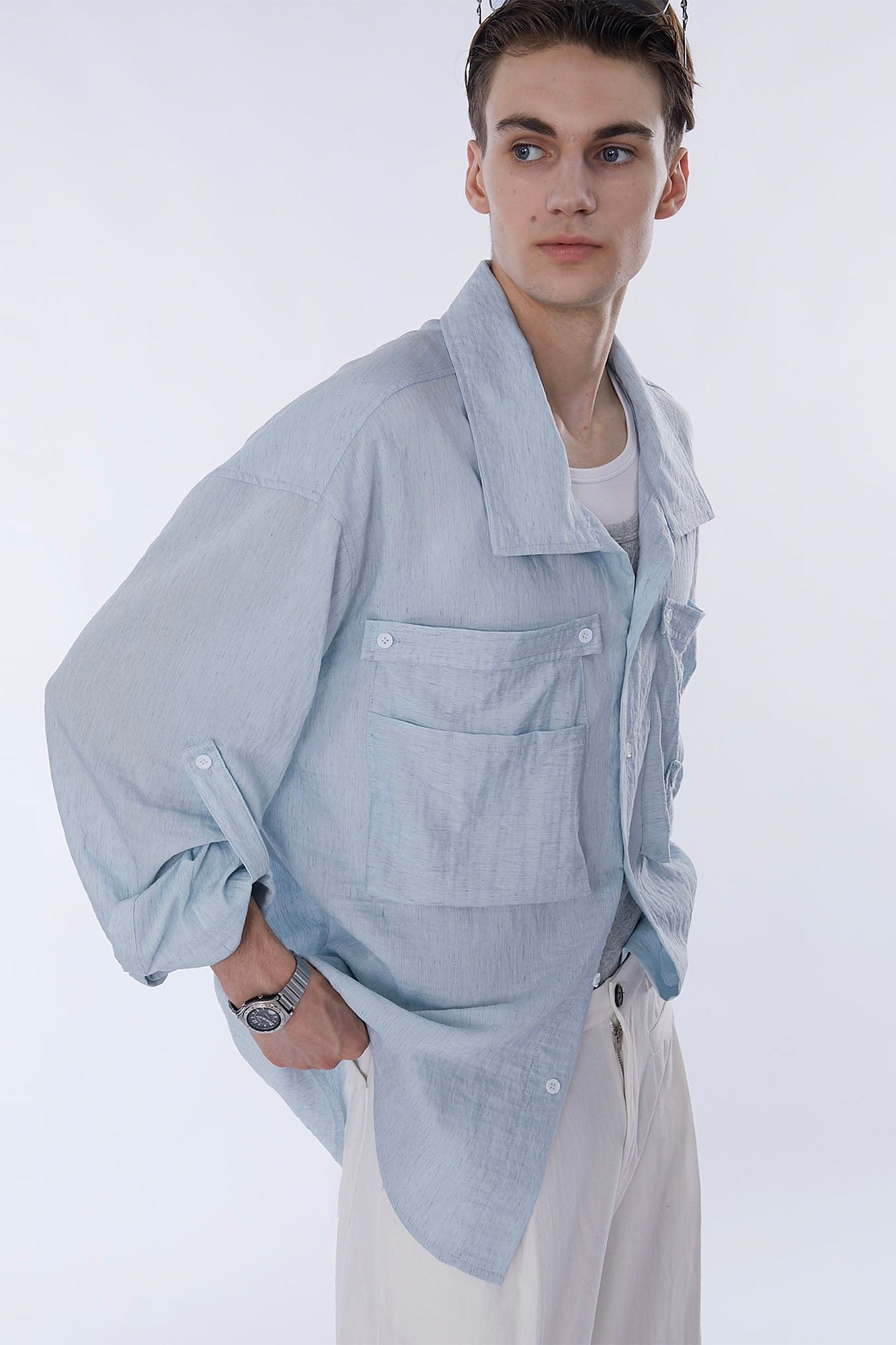 ASSEEN Rose Embroidered Pocket Linen-Blended Overshirt