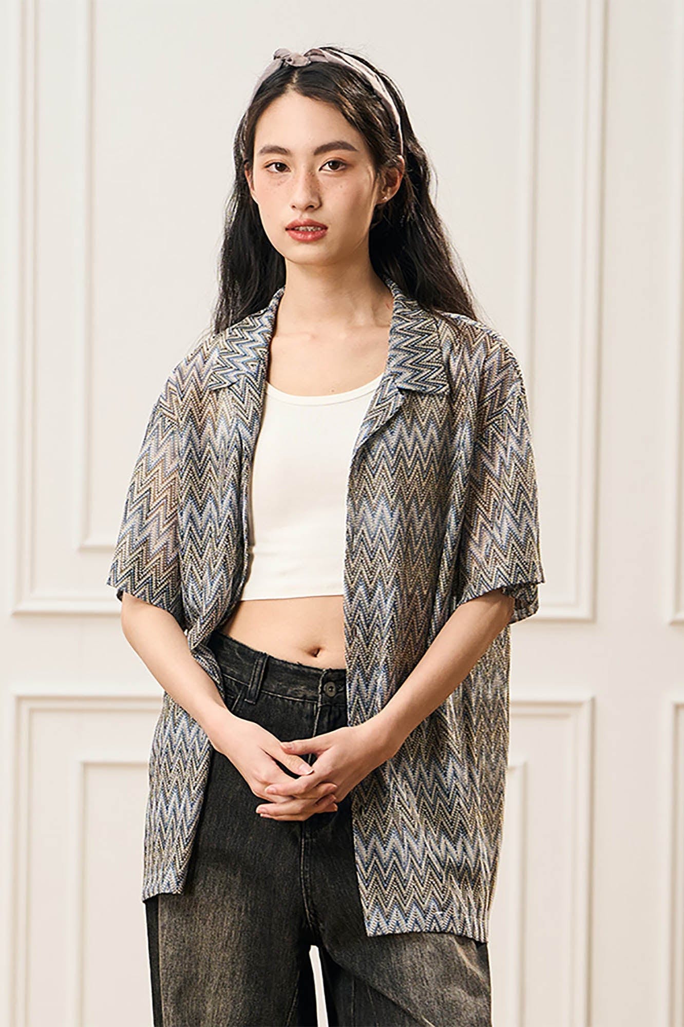 EPIC POETRY Geometric Ripple Knitted Half Shirt Sandstone
