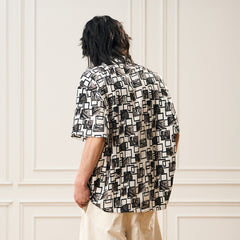 EPIC POETRY Monochrome Collage Grid Cuban Half Shirt
