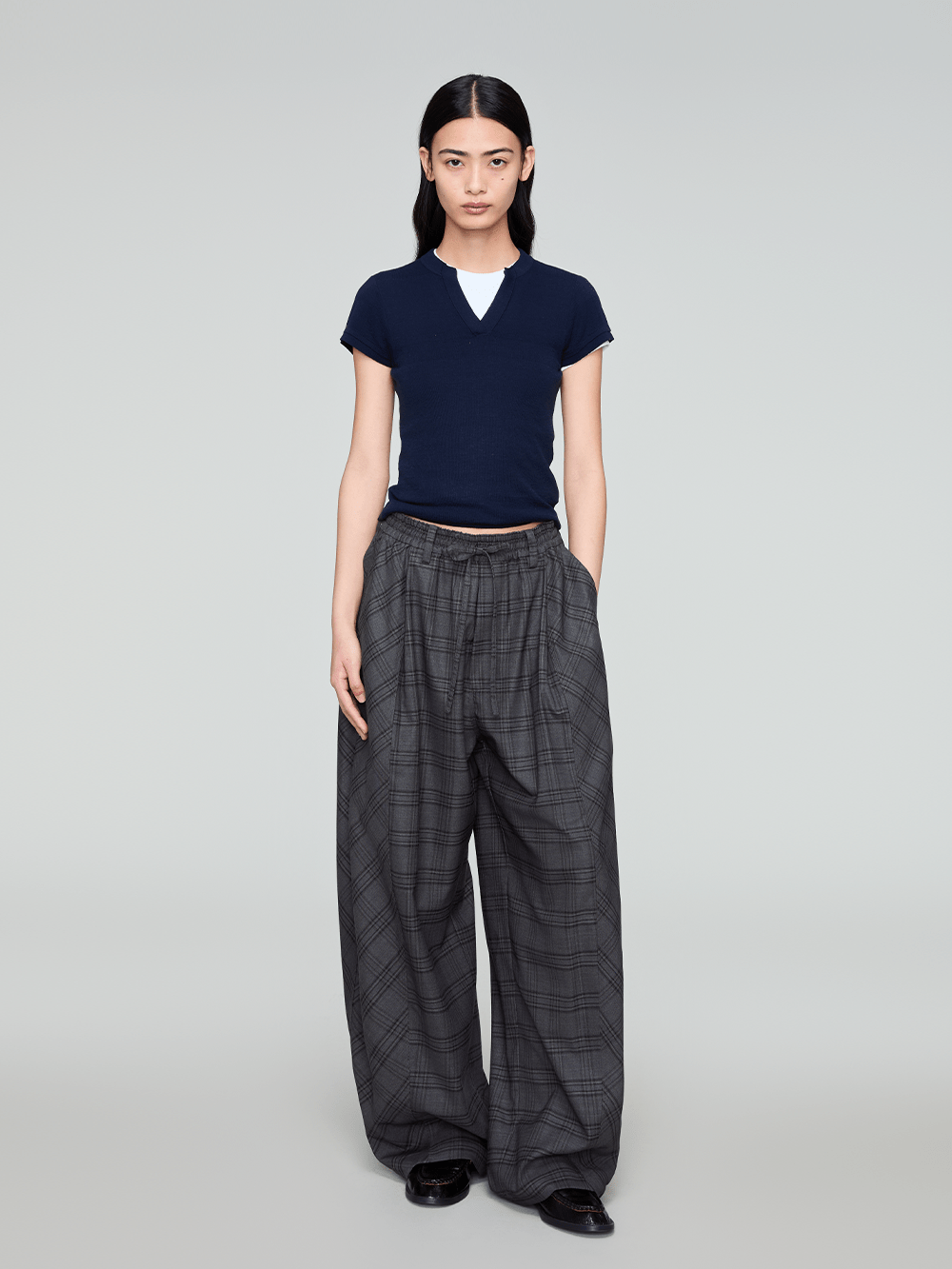 OPICLOTH Retro Paneled Plaid Drawstring Oversized Pants