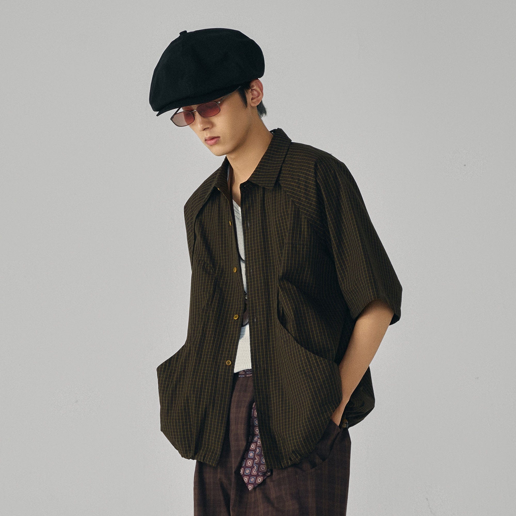 GONGHE REPUB Retro Checked Curved Spliced Drawstring Half Shirt