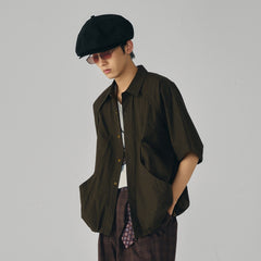 GONGHE REPUB Retro Checked Curved Spliced Drawstring Half Shirt