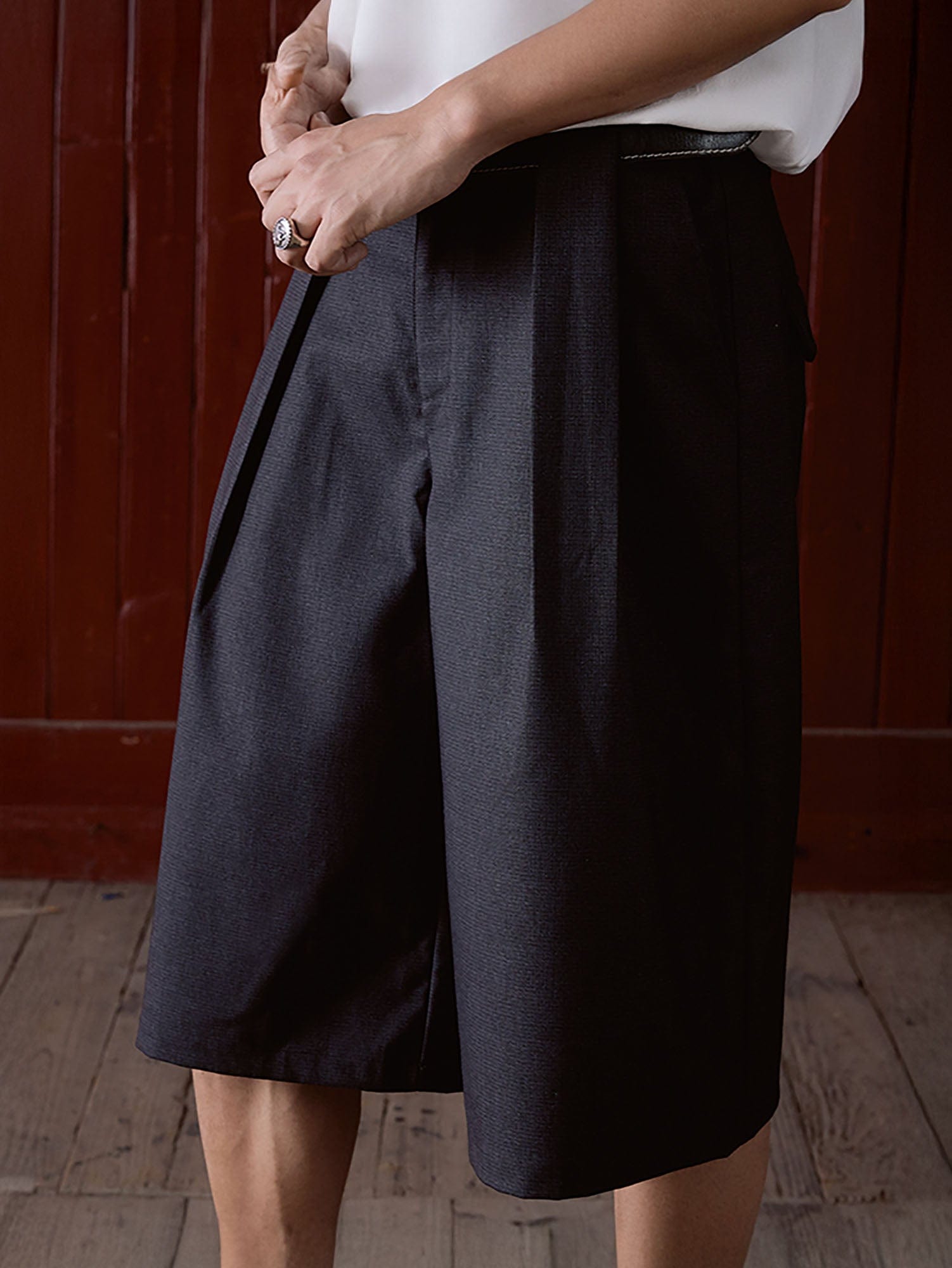 IN EXISTENCE Double-Pleated Mini Check Wide-Leg Shorts