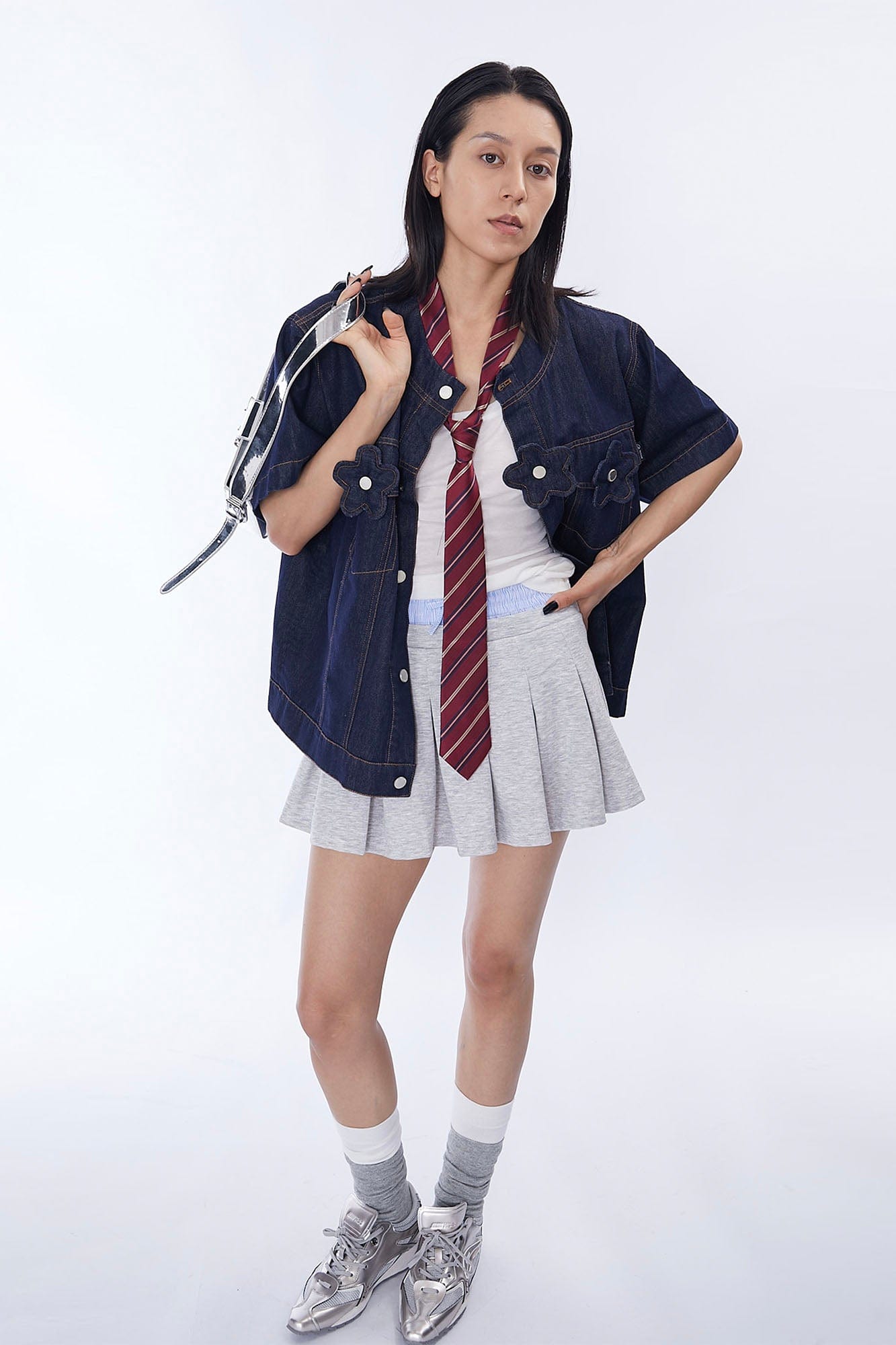 ASSEEN Flower Patchwork Stitched Raw Denim Half Shirt