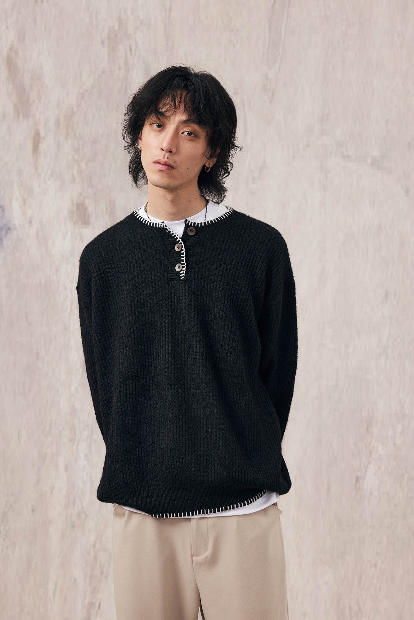 IN EXISTENCE Essential Ribbed Henley Sweater