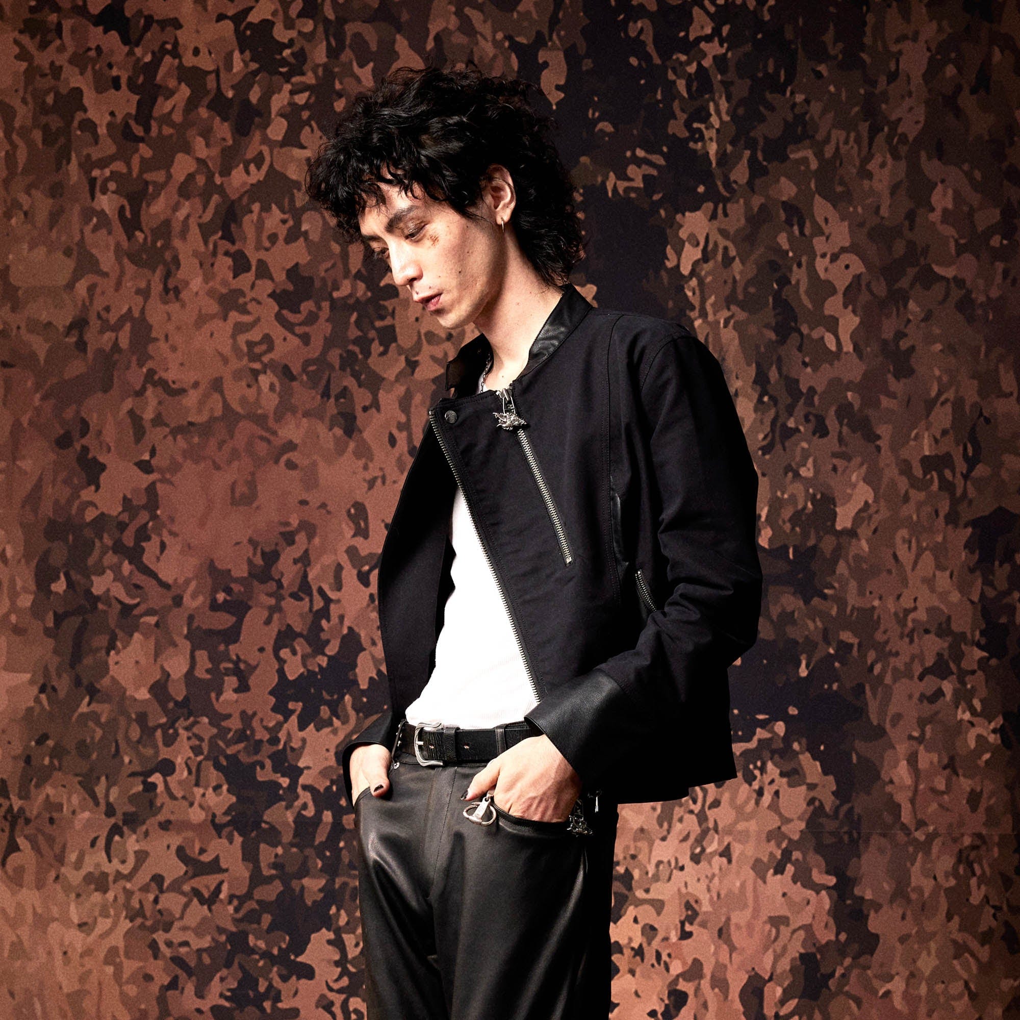 IN EXISTENCE Multi-Zip Asymmetrical Spliced Leather Biker Jacket