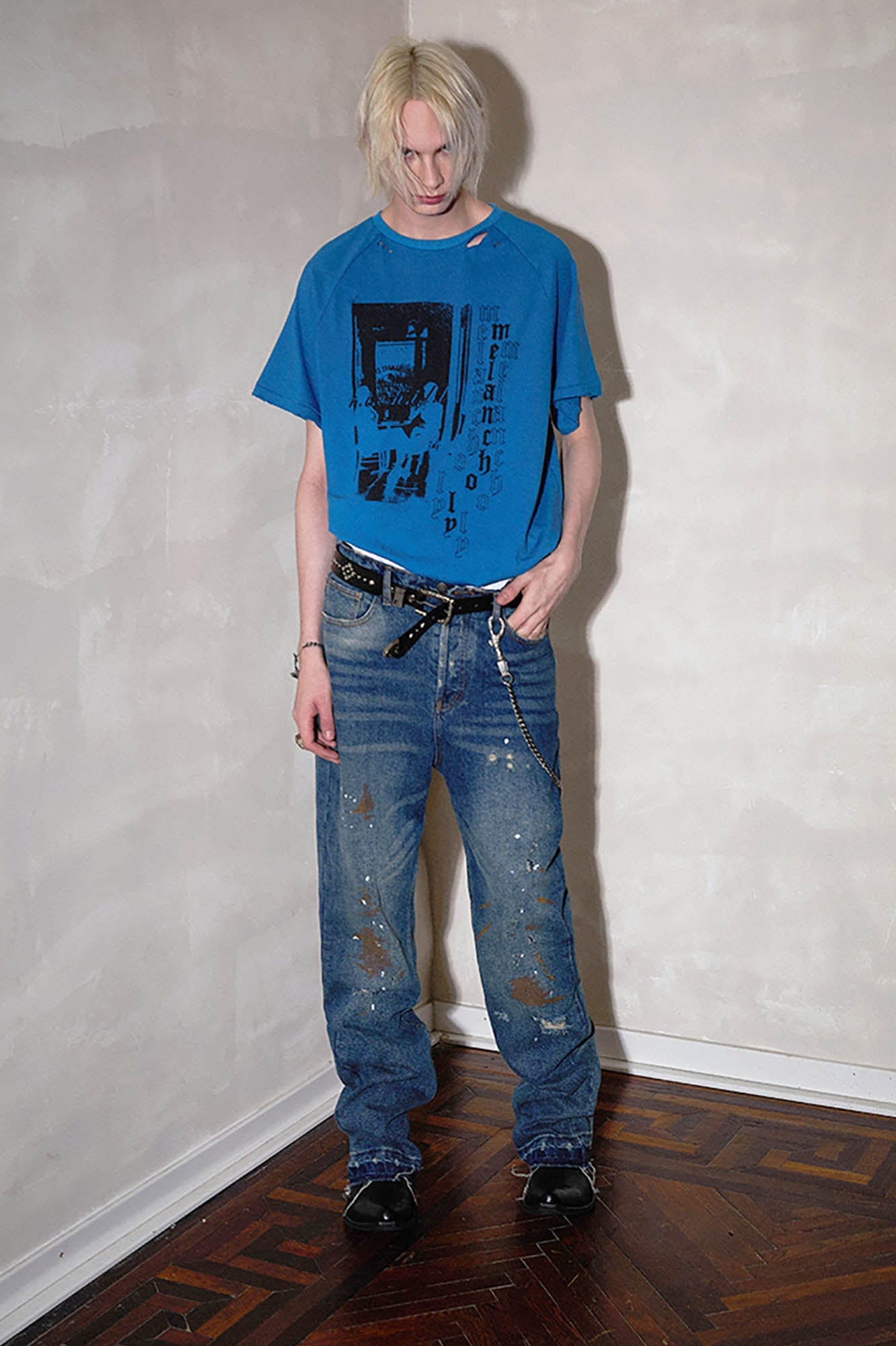 RICHILL Rust-Stained Distressed Flared Jeans
