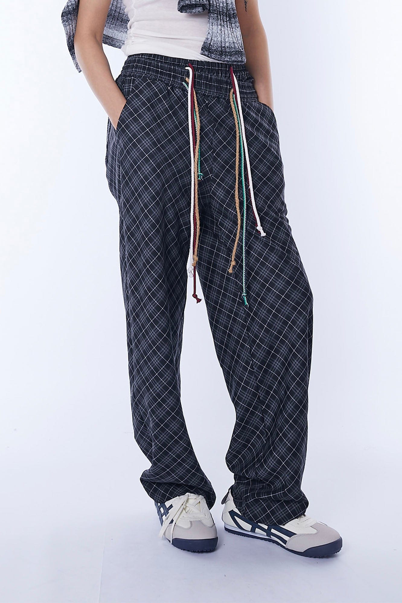 ASSEEN Plaid Double-Waist Drawstring Wide-Leg Pants