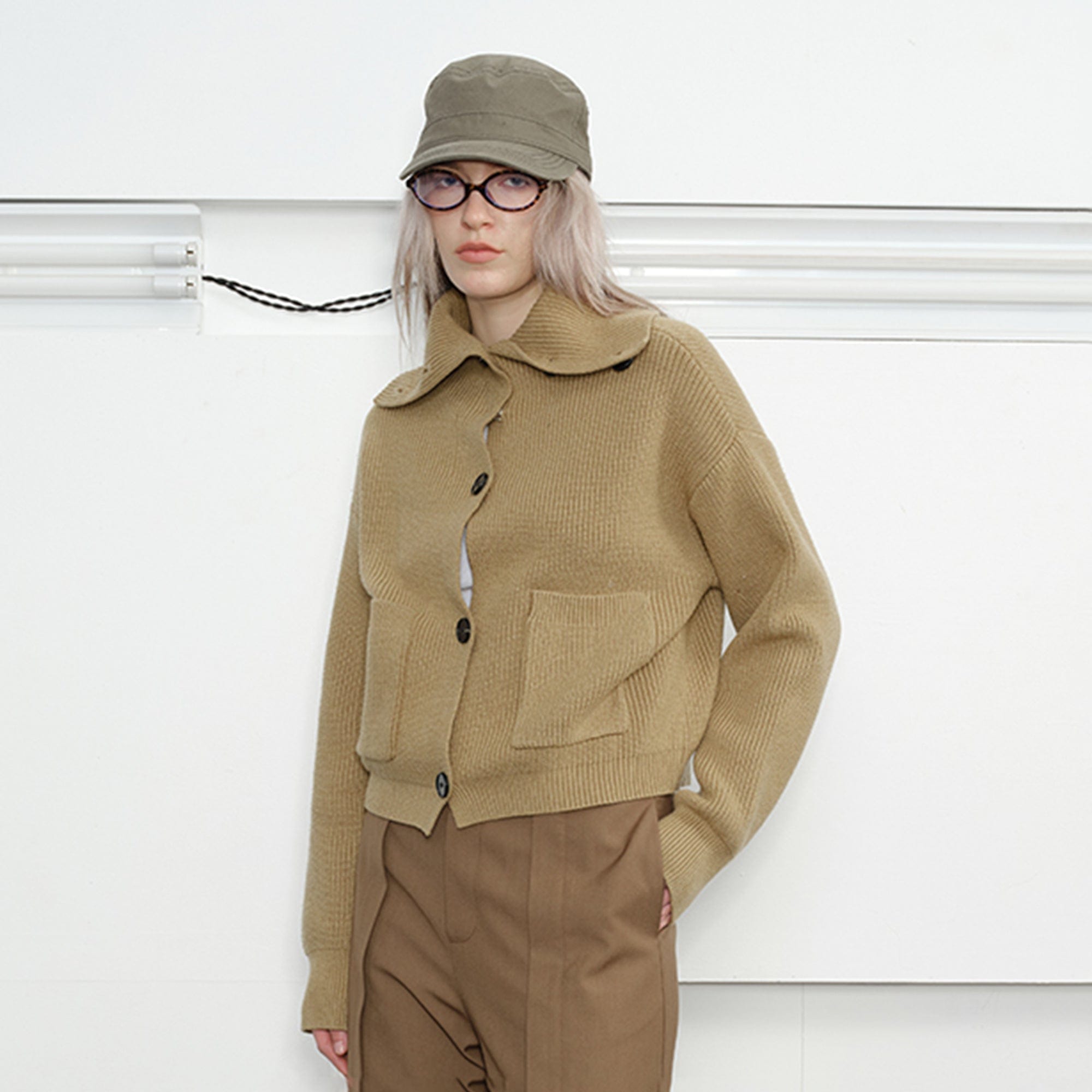 KREATE High-Collar Big-Pocket Button-Up Knitted Jacket