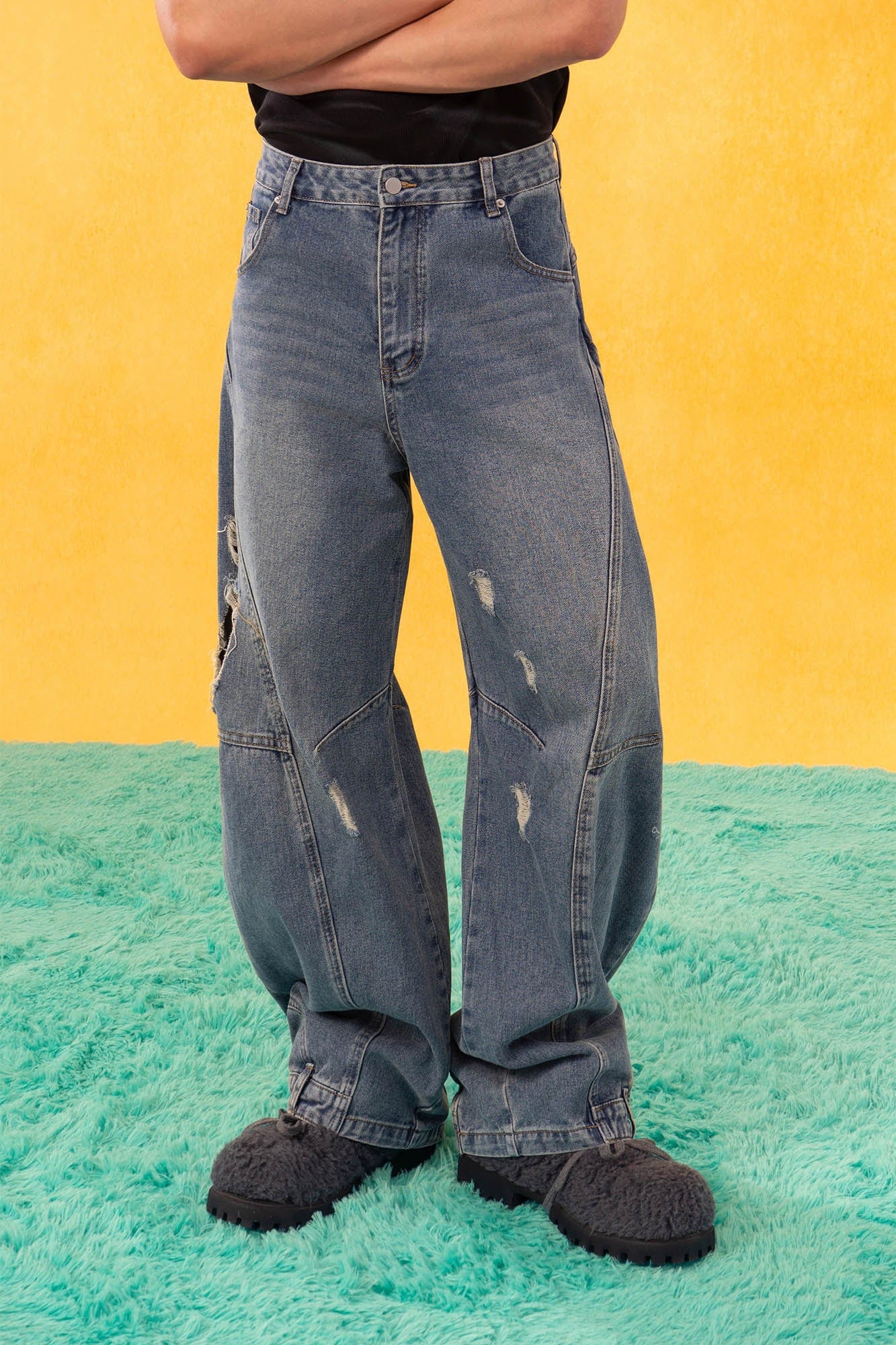 CLP Inverted-Waist Hem Paneled Distressed Jeans