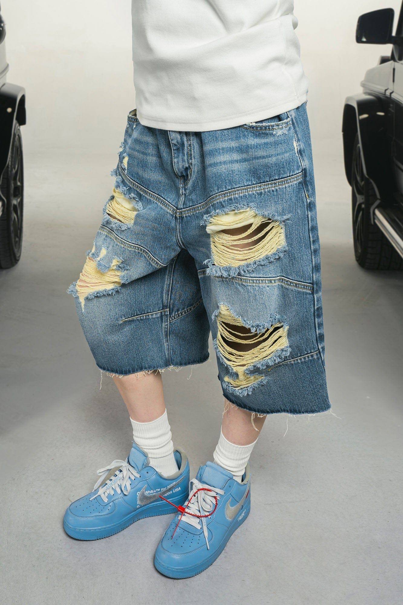 MAKEMORE Distressed Arc Spliced Ripped Denim Shorts