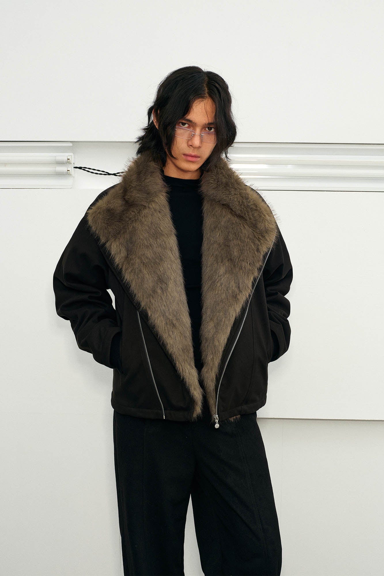 KREATE Detachable Faux Fur Collar Asymmetrical Jacket