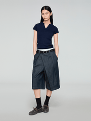 OPICLOTH Washed Asymmetric Fly Pleated Denim Shorts
