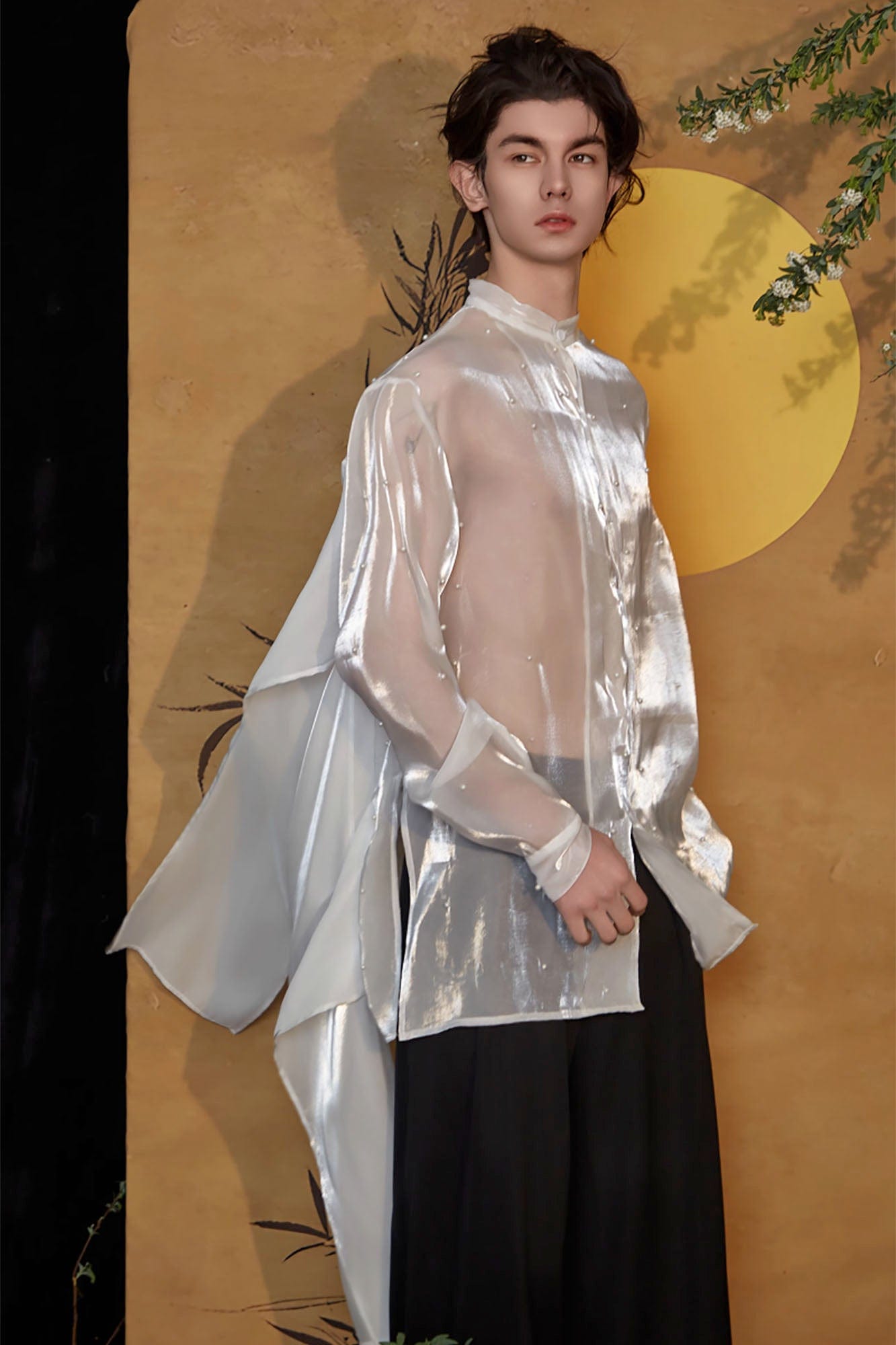 JIECHI Pearl Embroidered Layered Ribbon Organza Shirt