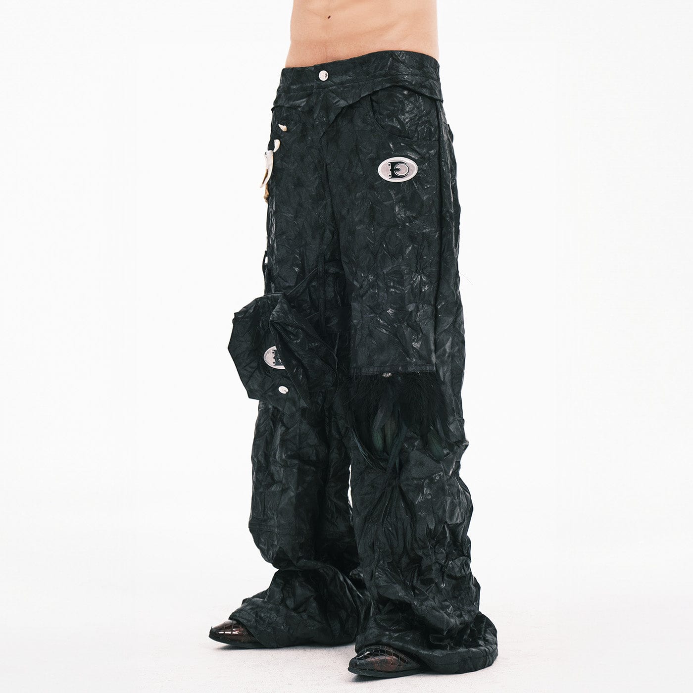 EMBRYO Deconstructed Faux Leather Bone Wrinkled Wide-Leg Pants