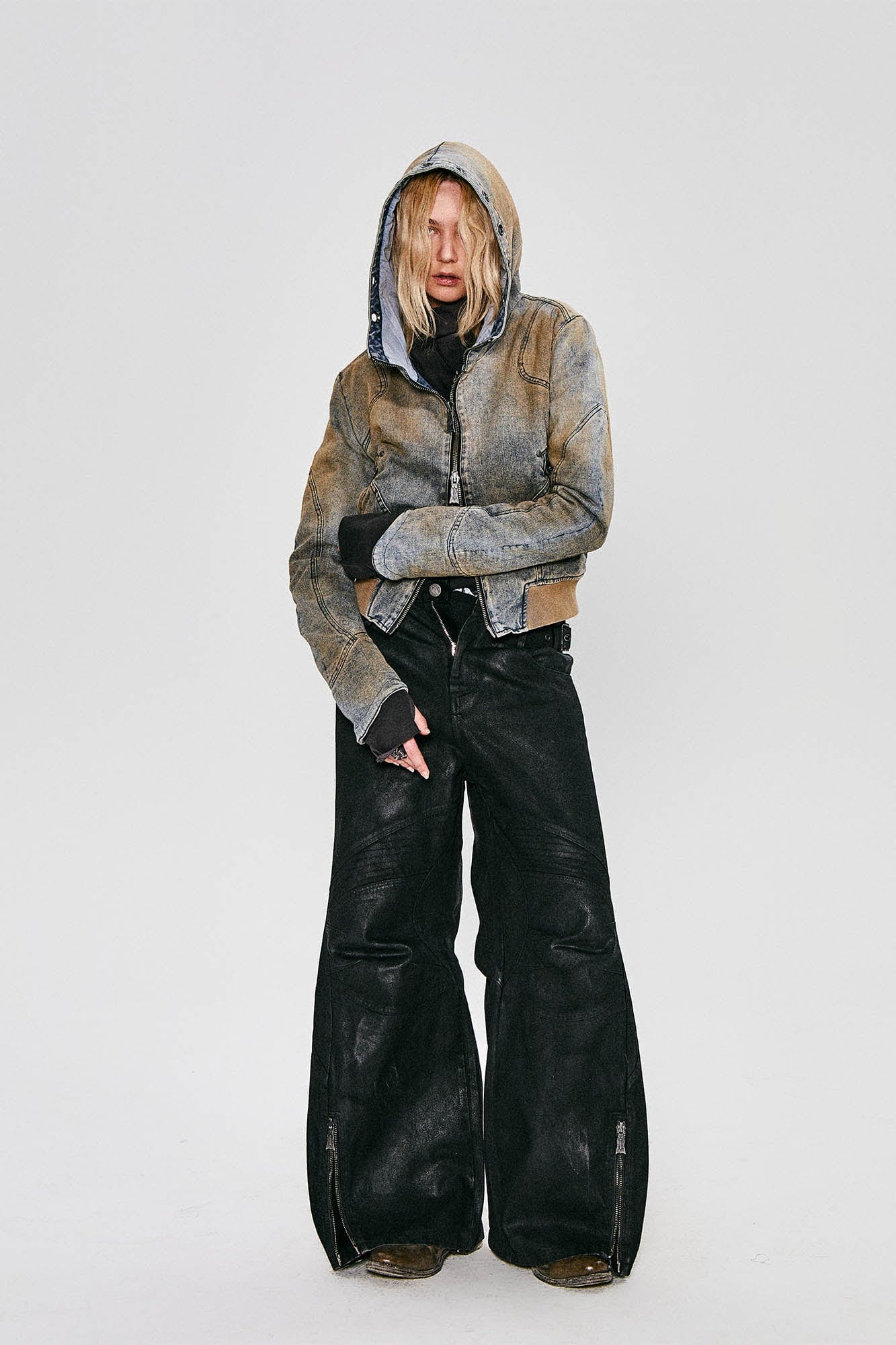 FLYERRER Waxed Deconstructed-Knee Zip-Hem Flared Pants