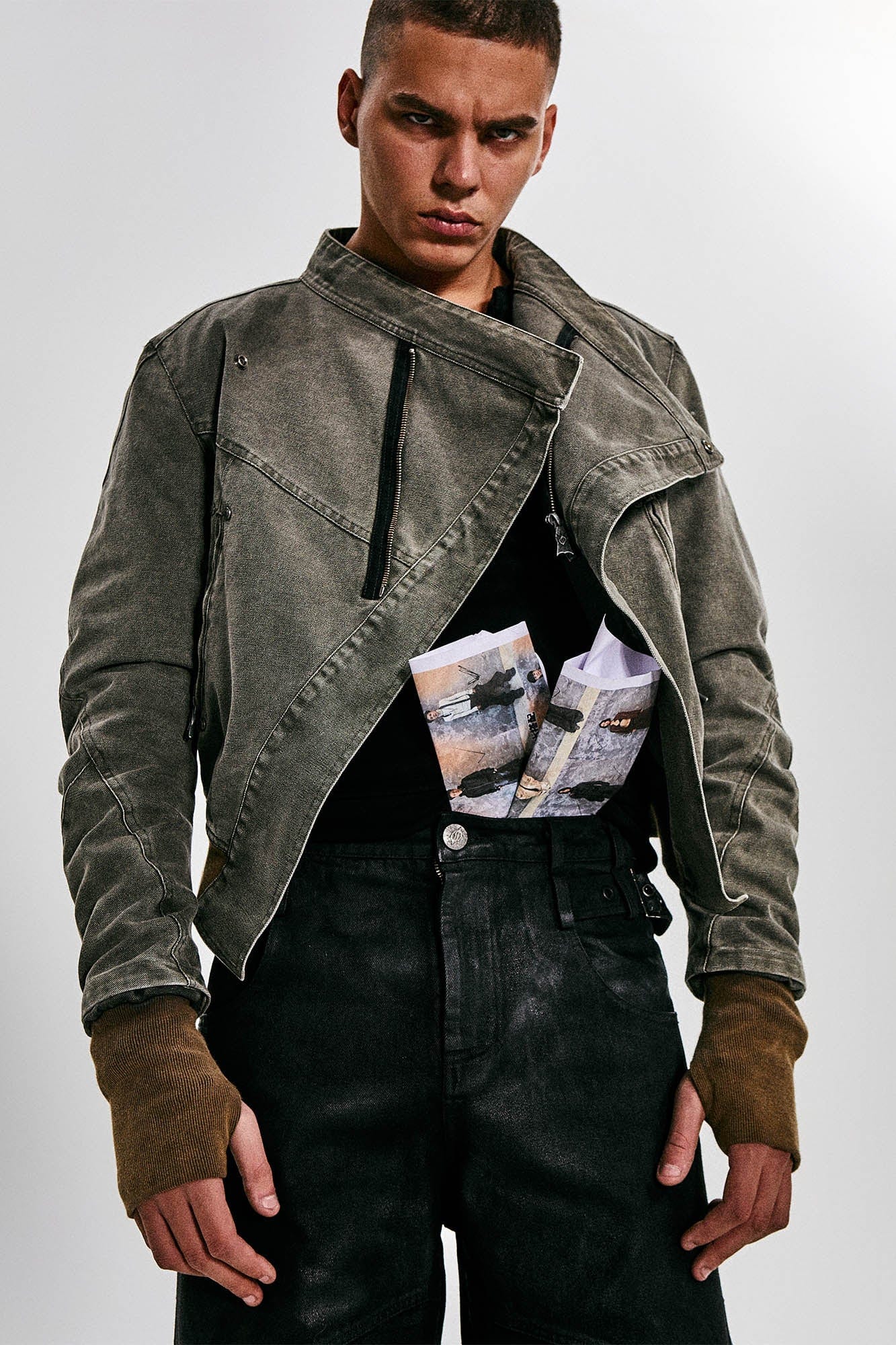FLYERRER Asymmetrical Distressed Cropped Denim Jacket