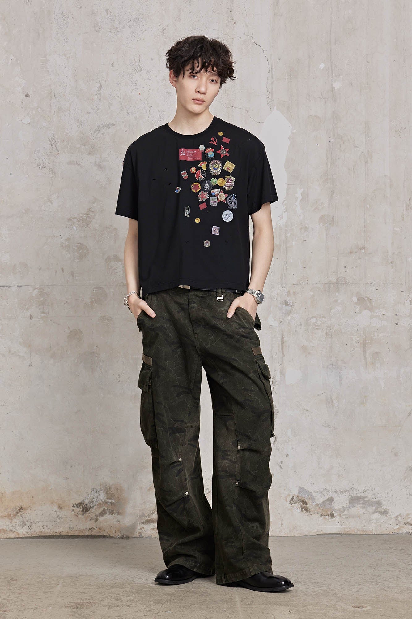 FACEONLAB Distressed Cracked Crinkled Multi-Pocket Military Cargo