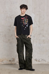 FACEONLAB Distressed Cracked Crinkled Multi-Pocket Military Cargo