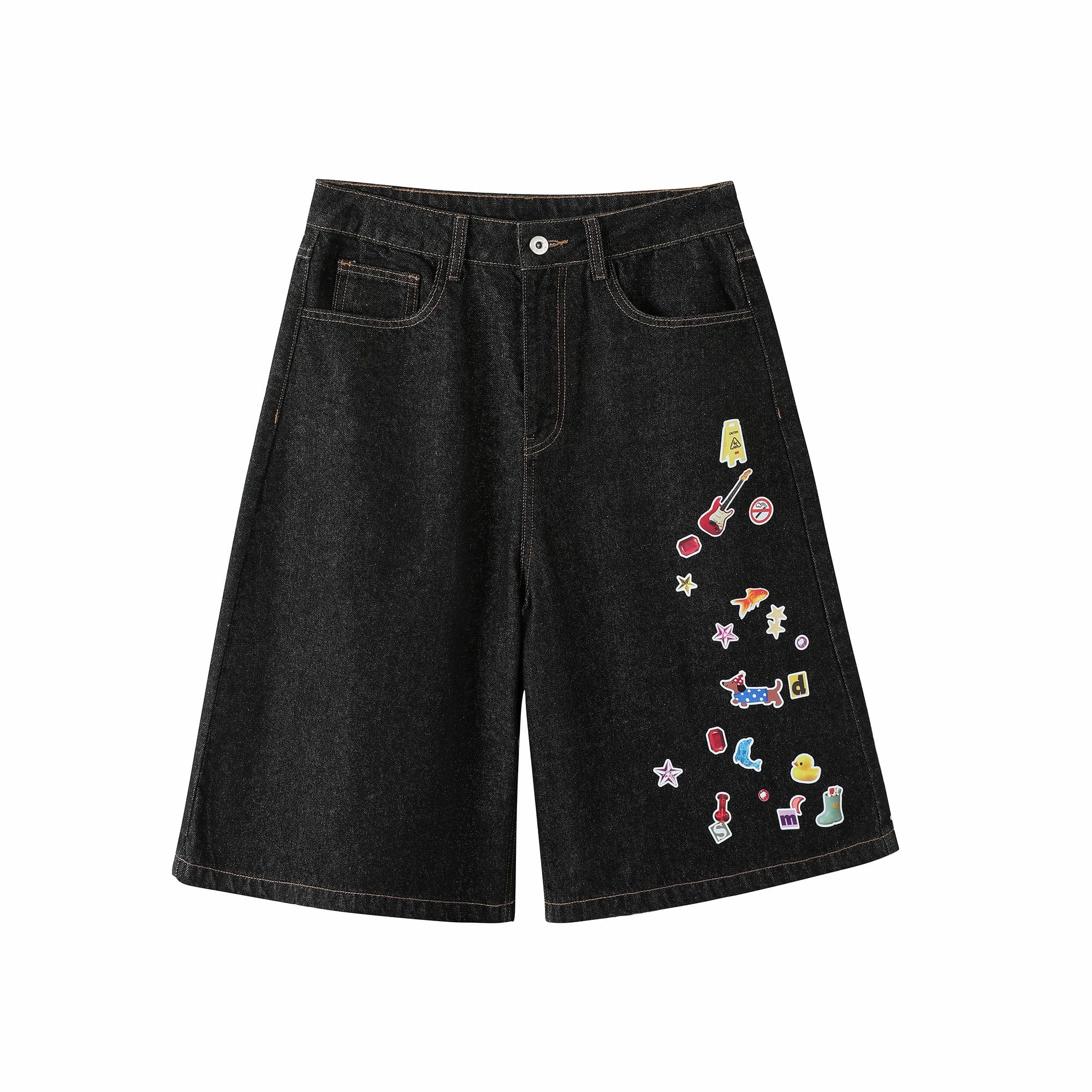 DONSMOKE Whimsical Stickers Washed Raw-Edge Shorts