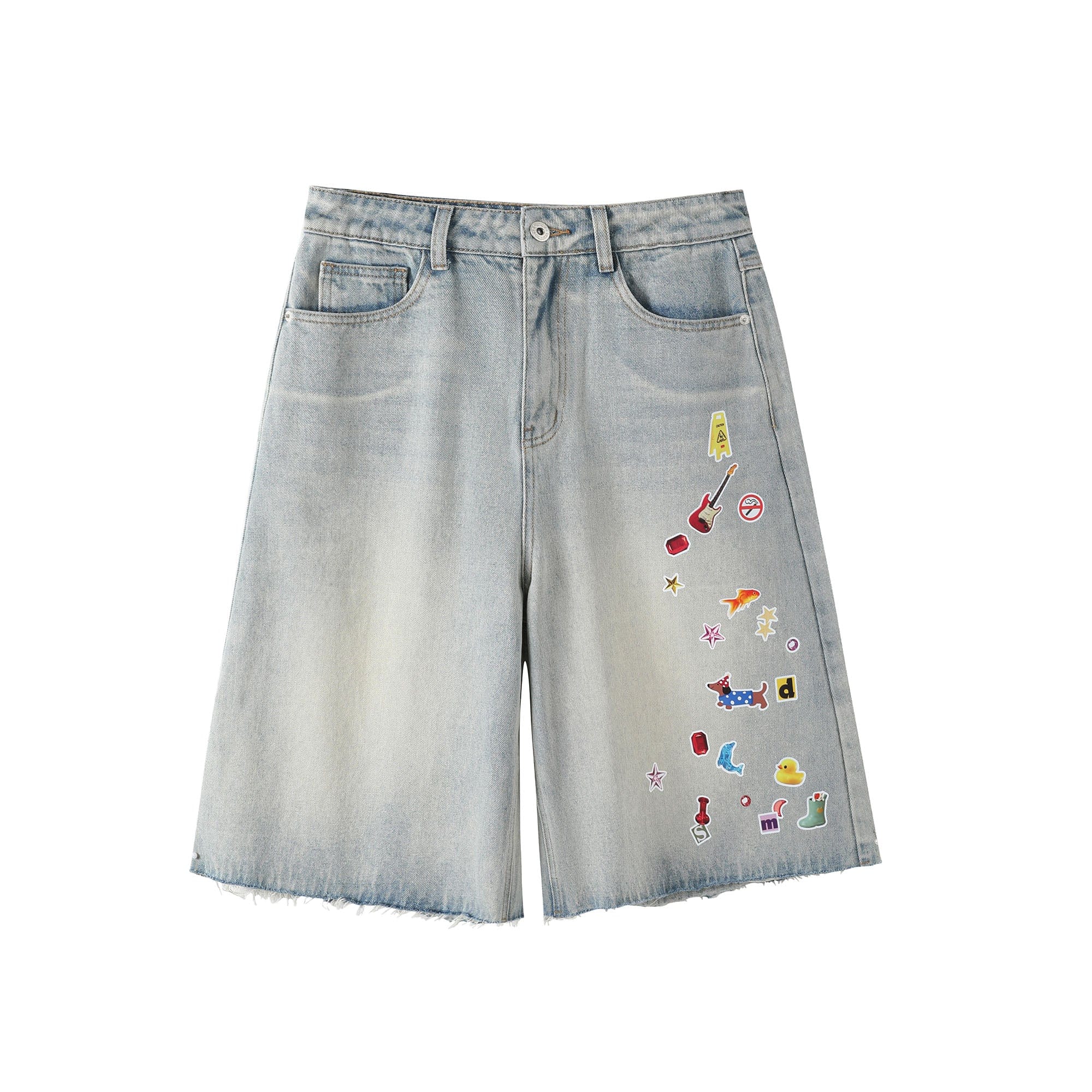 DONSMOKE Whimsical Stickers Washed Raw-Edge Shorts
