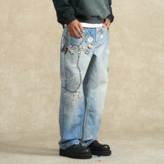 BONELESS Retro Chain Graphic Washed Jeans