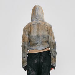 FLYERRER Distressed Spliced Studded Hooded Short Denim Jacket