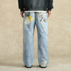 BONELESS Retro Chain Graphic Washed Jeans