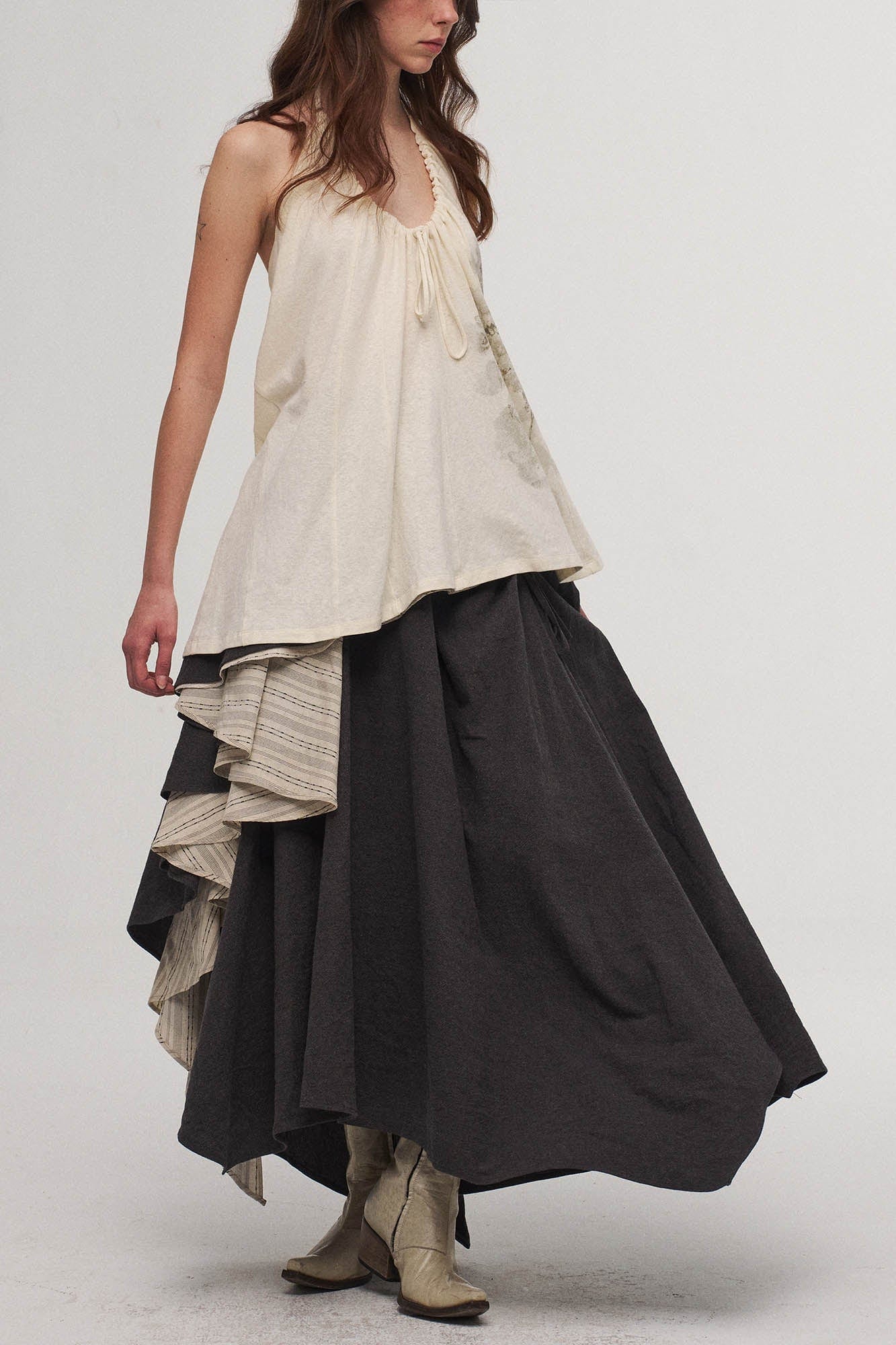 ILNya Nieternite Nifutur Asymmetrical Layered Stripe Ruffled Maxi Skirt