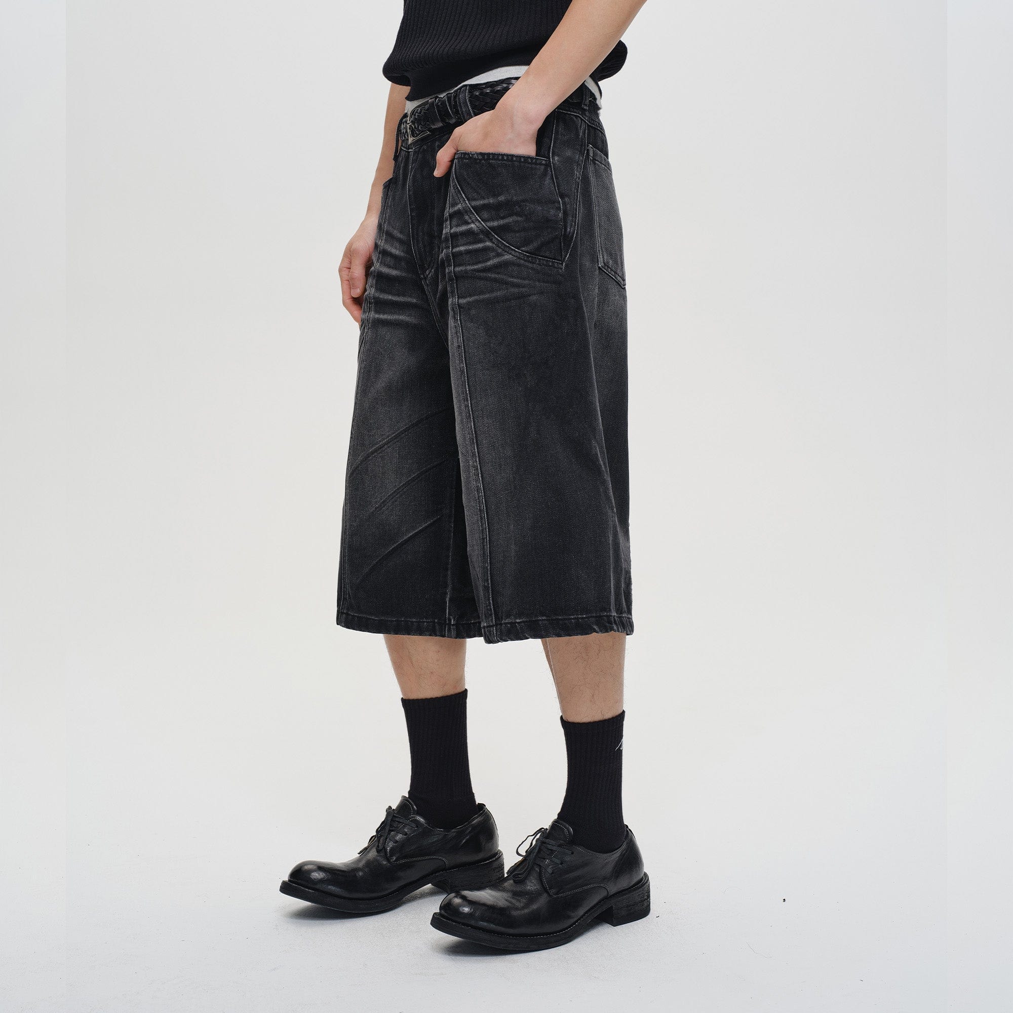 CATSSTAC Whisker-Wash Middle-Spliced Wide-Leg Shorts