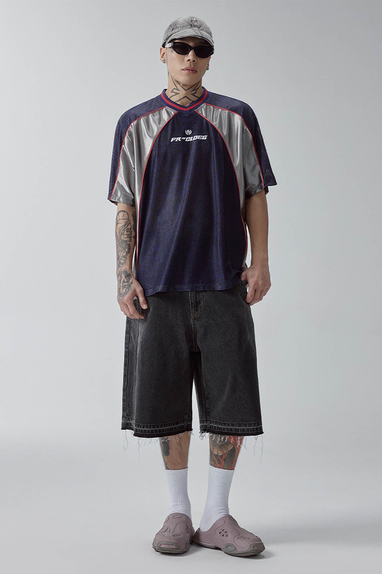 F2CE Raw-Hem Raised Seam Washed Denim Shorts