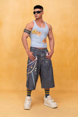 CLP Beaded Chain Graphics Wide-Leg Denim Shorts