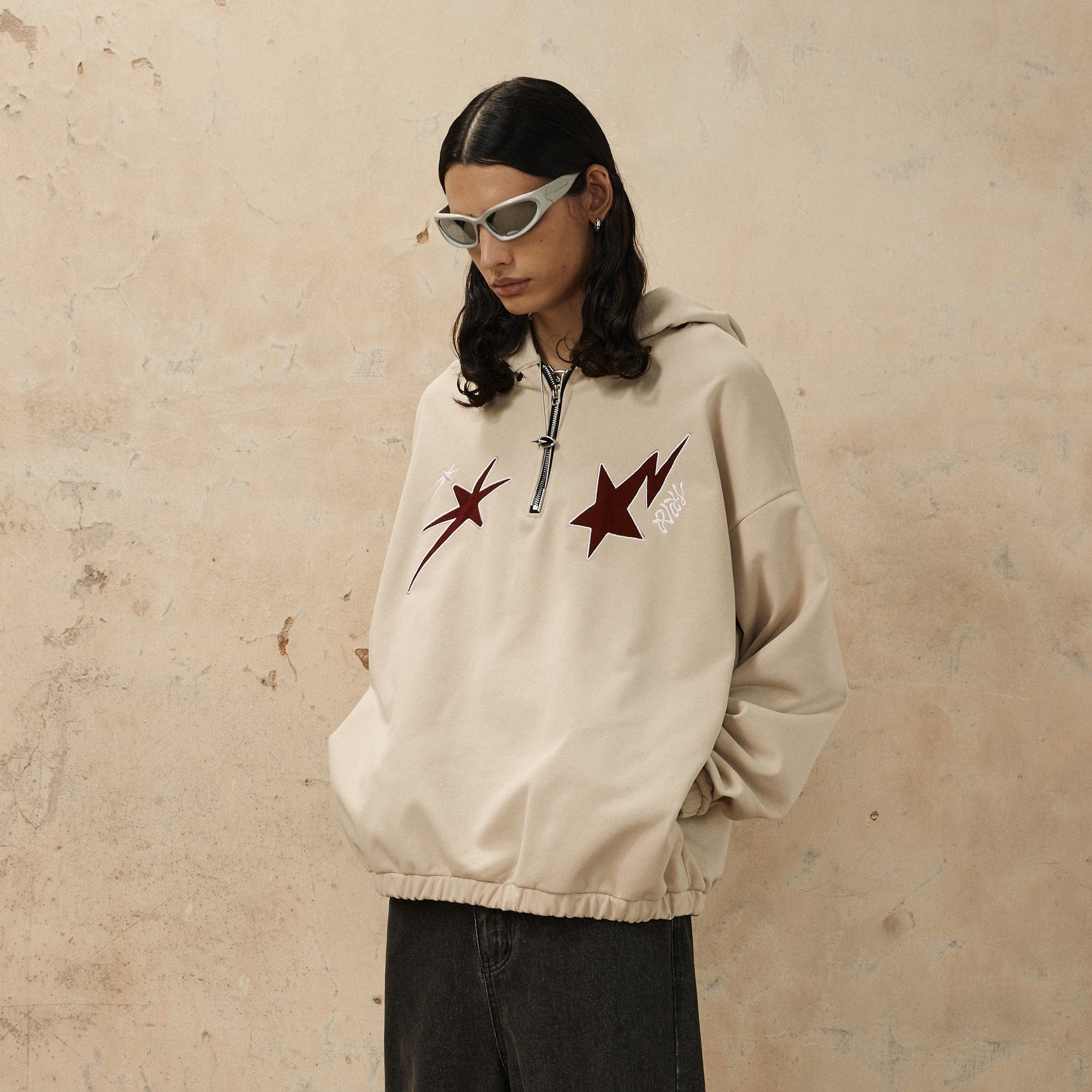 OVDY Star Embroidery Punk Zip-Up Hoodie