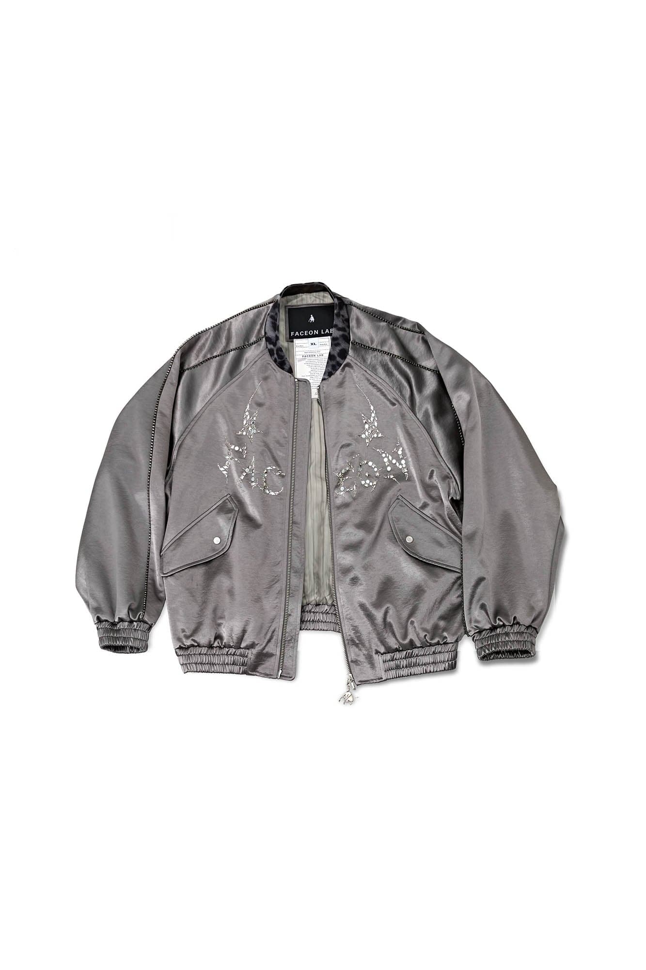 FACEONLAB Rivet Diamond Satin Leopard-Collar Jacket