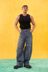 CLP Inverted-Waist Hem Paneled Distressed Jeans